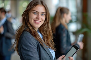 A modern businesswoman is holding a tablet computer, smiling at the camera, with a colleague in the background.