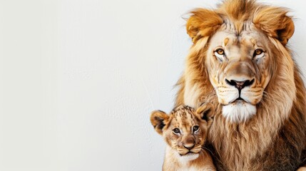 Male lion and cub portrait with space for text, object on right side, ideal for adding text