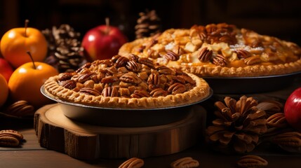 Apple pie with pecan nuts on wooden background. Selective focus.