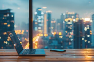 An image focused on a workplace with a laptop and smartphone on a wood table, set against a blurred city background, emphasizing a busy and modern business setting