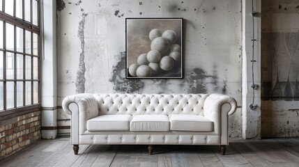 Antique cabinet next to white-tufted sofa versus contemporary. Generative Ai