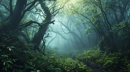 Rolgordijnen Tranquil Glow: An Enchanted Forest Illuminated by a Gentle Light.  © Huzaifa