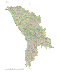 Moldova shape isolated on white. OSM Topographic German style map