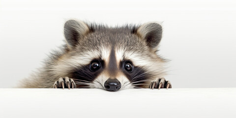 Baby raccoon hiding on a white background. Advertising banner layout for a veterinary clinic or pet store.