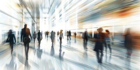 A dynamic and somewhat abstract representation of businesspeople in motion within a bright office corridor, characterized by pronounced motion blur.