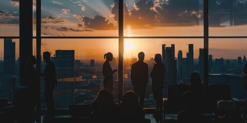 A silhouette of a business team in an office with a large window overlooking a cityscape. The image captures the team in various postures of interaction and collaboration - obrazy, fototapety, plakaty