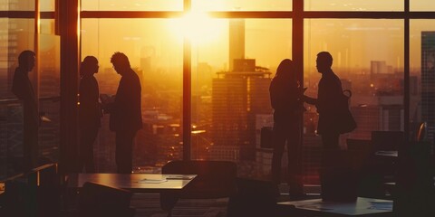 A silhouette of a business team in an office with a large window overlooking a cityscape. The image captures the team in various postures of interaction and collaboration - obrazy, fototapety, plakaty