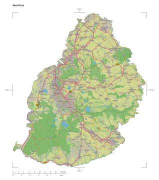 Mauritius shape isolated on white. OSM Topographic German style map