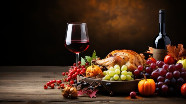 Thanksgiving dinner with roasted turkey, grape and wine on wooden table