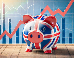 a piggy bank in Union Jack flag colours is behind an economy graph trending upwards to economic Brexit growth