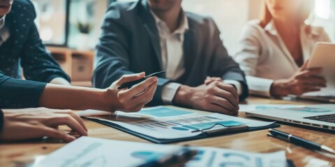 business meeting in session, with team members discussing documents and ideas. One person seems to be explaining a point or presenting, while others listen, reflecting an interactive work environment