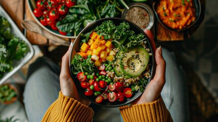 A person is holding a bowl of food that contains a variety of vegetables and fruits. The bowl is placed on a table, and there are other bowls and plates of food around it - obrazy, fototapety, plakaty