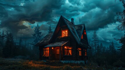 A small house with a porch and a window. The house is surrounded by trees and the sky is cloudy