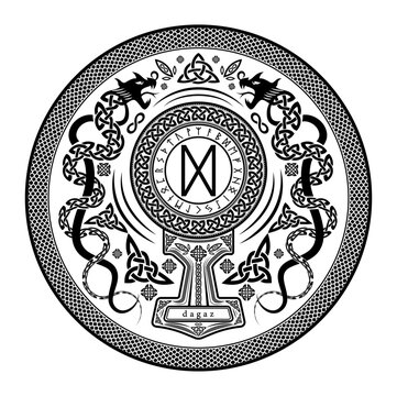 Dagaz Rune Shield: Vector Illustration with Norse Pagan Seal Design, Dragon Motifs, and Mjolnir Thor's Hammer Incorporation