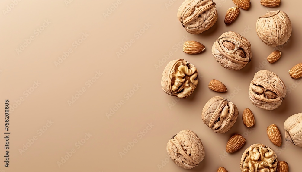 Aufkleber assorted nuts on neutral background with ample space for creative text placement