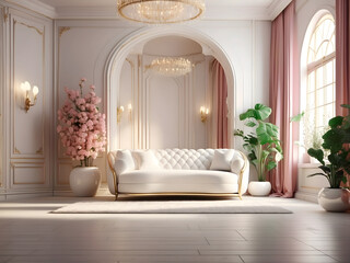 Luxury classic interior with white empty banner stand floor. 3d render design.