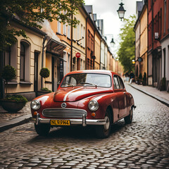 A vintage car on a cobblestone street. 
