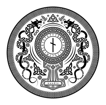 Naudiz Rune Shield: Vector Illustration with Norse Pagan Seal Design, Dragon Motifs, and Mjolnir Thor's Hammer Incorporation