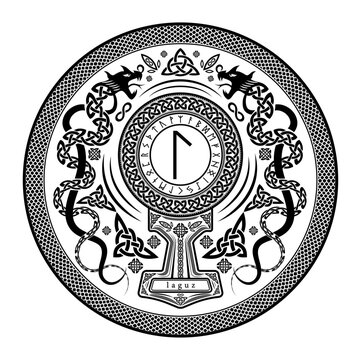 Laguz Rune Shield: Vector Illustration with Norse Pagan Seal Design, Dragon Motifs, and Mjolnir Thor's Hammer Incorporation