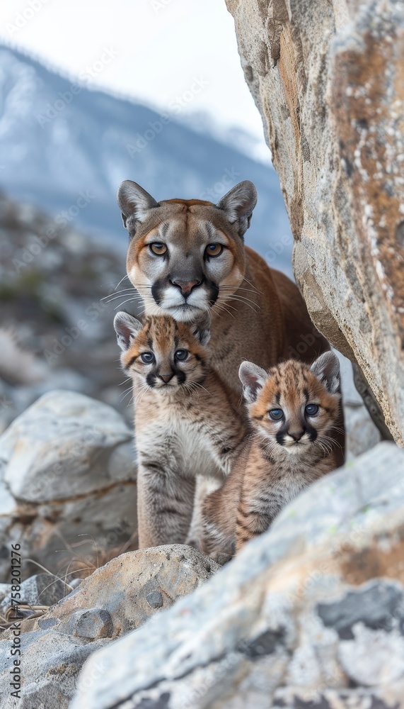 Poster male puma and cub portrait with space for text, object on right side, ideal for adding information