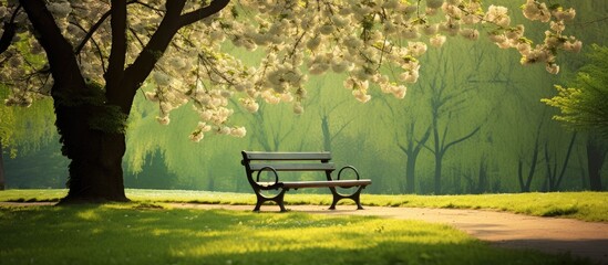 Serene Bench Resting Under Lush Green Canopy in Peaceful Park Landscape
