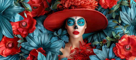 Day of the dead skeleton face painting background with space for text to customize