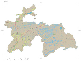 Tajikistan shape isolated on white. OSM Topographic German style map