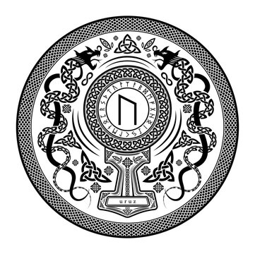 Uruz Rune Shield: Vector Illustration with Norse Pagan Seal Design, Dragon Motifs, and Mjolnir Thor's Hammer Incorporation