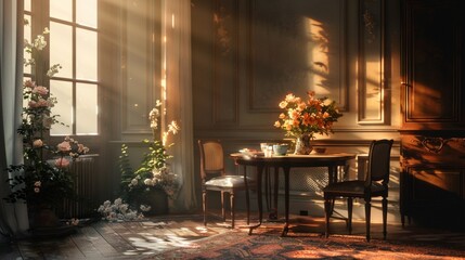 a room with a table and chairs, flowers and candles, in the style of rim light, bec winnel, award-winning, tondo, alfred heber hutty, li chevalier, atmospheric lighting