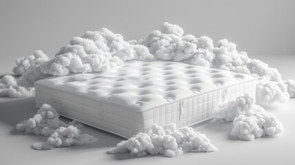 Fototapeta na wymiar A mattress surrounded by clouds of white foam.