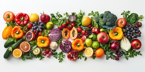 Fruits and vegetables tastefully placed on a white backdrop. Generative Ai