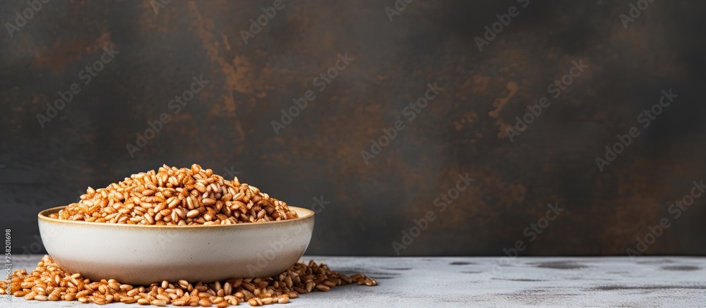 Aufkleber harvest time: a bowl of nutritious wheat seeds glimmering on a rustic wooden table