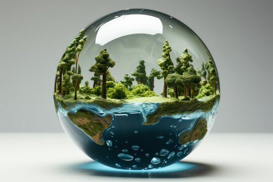 A glass globe with forest and lake inside.