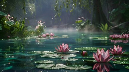 Enchanted Lily Pad Paradise: A Dreamy, Misty Pond Adorned with Lotus Flowers in a Fantasy Forest
