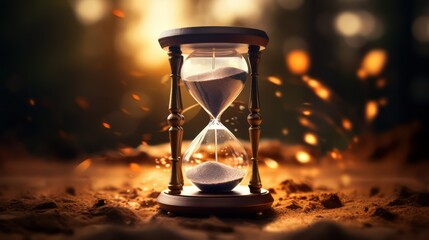 Time concept. Hourglass on dark toned foggy background and fire