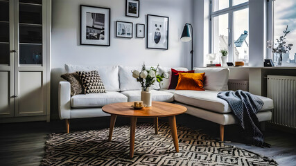 Boho interior design of modern living room, home. Rustic round wood coffee table against white sofa.