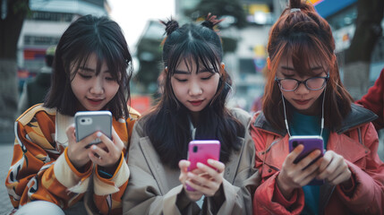 Obraz premium Three young women are sitting on the ground, each looking at their cell phones
