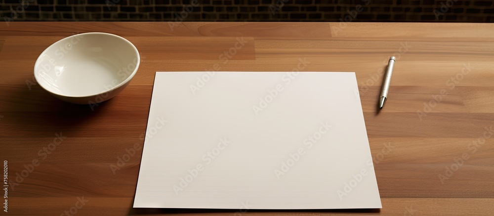 Poster elegant white paper resting on a rustic wooden table in a minimalist setting