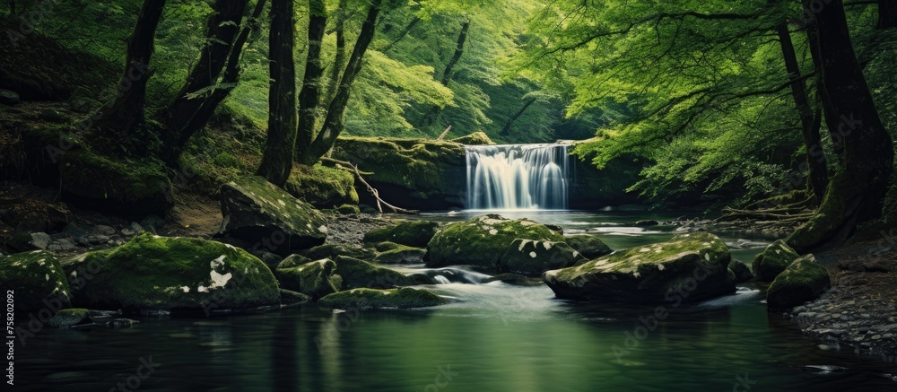 Poster tranquil stream flowing through enchanting forest with lush greenery and sunlight peeking through ca