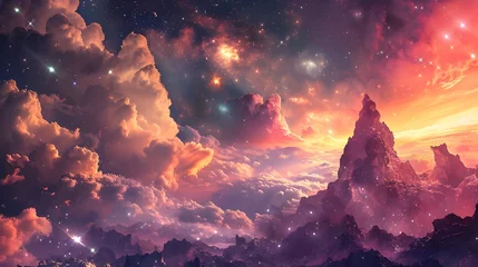 Crédence de cuisine en verre imprimé Corail Journey Through a Fantasy Landscape Exploring Vibrant Nebula and Star-Filled Skies