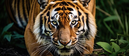 Fototapeta premium Majestic Tiger Roaming Serene Wilderness Habitat at Golden Hour Sunset