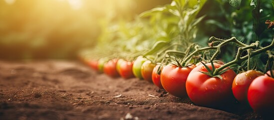Vibrant Harvest: A Lush Row of Fresh Organic Tomatoes in a Sunlit Garden - obrazy, fototapety, plakaty