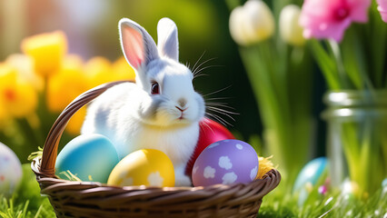Beautiful colored Easter eggs with Easter bunny  on blurred background of garden