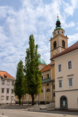 Fototapeta na wymiar Ljubljana, Slovenia; Saint Nicholas's Cathedral (Katedrala Sv. Nikolaj) next to Ljublianica river in the city center of Ljubljana, Slovenia