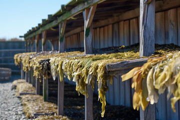 seaweed harvesting, seaweed lying on wooden tables under a canopy - 758202432