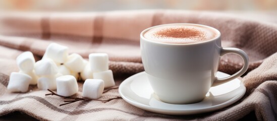 Enjoying a Relaxing Morning with Coffee and Marshmallows on a Cozy Blanket Outdoors