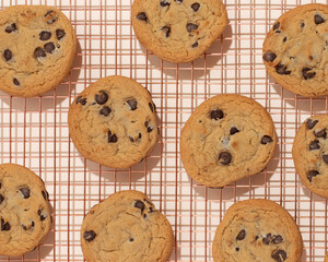 Warm Colored Flatlay of Chocolate Chip Cookies on a Copper Cooling Rack with hard lighting and crisp shadows