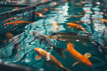 Fish farm where fish are bred and fed - 758202498