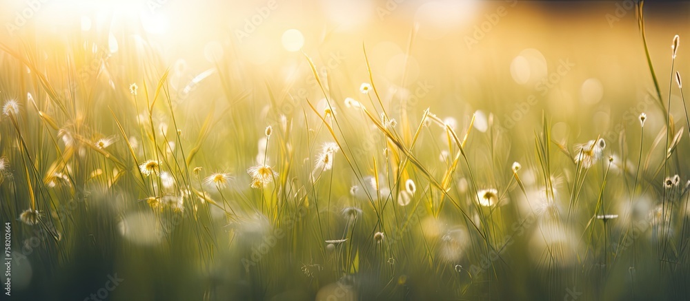 Sticker Beautiful Natural Field Oasis Under Sunny Sky with Vibrant Green Grass and Wildflowers