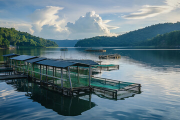 Fish farm where fish are bred and fed with seascape and mountains in the background - obrazy, fototapety, plakaty